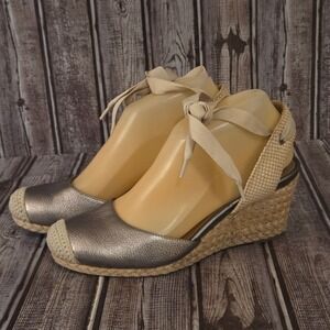 Sz 6.5 M Vionic Maris Pewter Leather Ribbon Tie Espadrille Wedge Sandals VGUC!